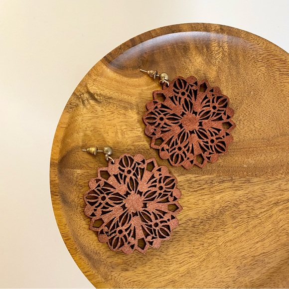 4/$15 Wood Filigree Cutout Drop Earrings - Picture 3 of 5
